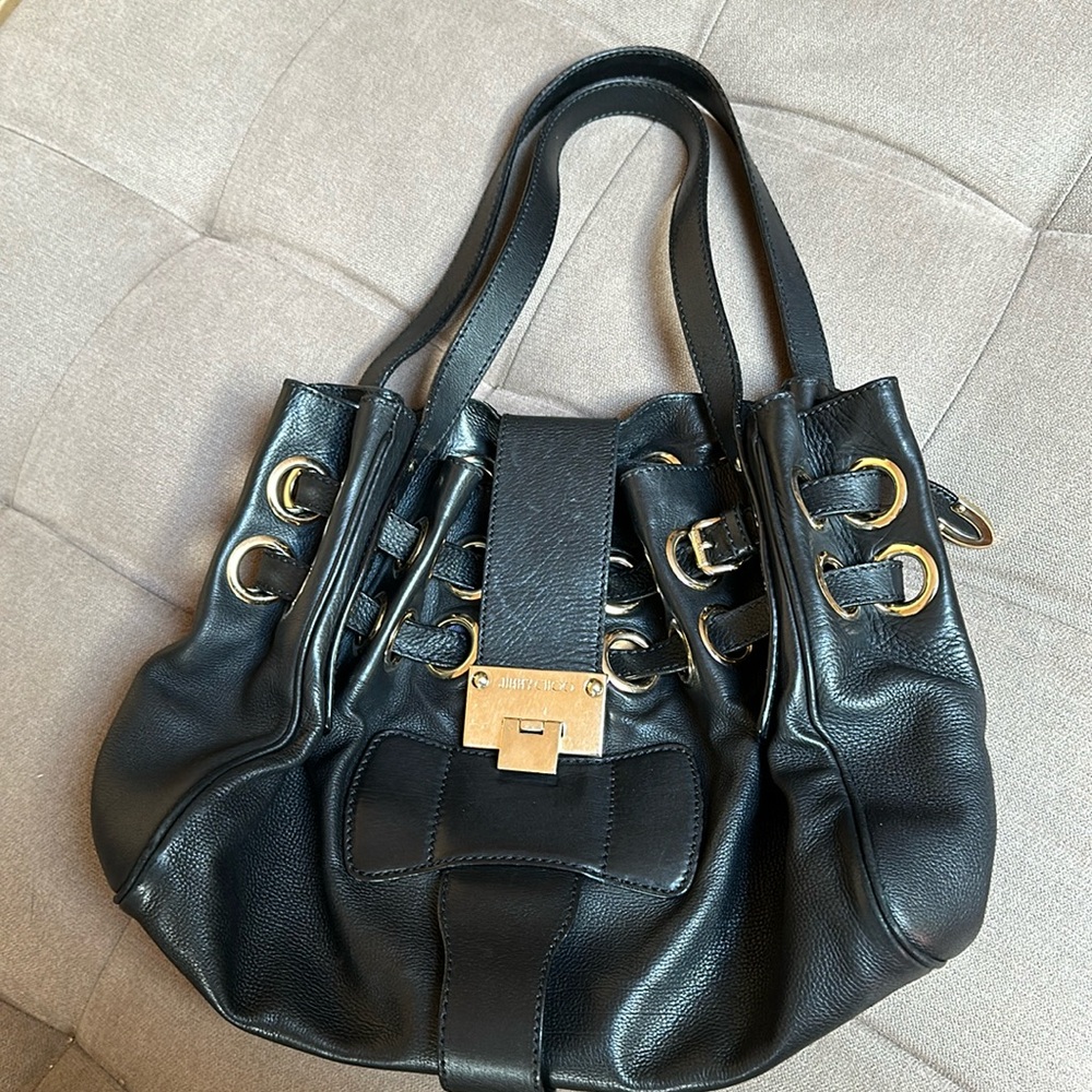 Authentic Jimmy Choo black leather  shoulder handbag